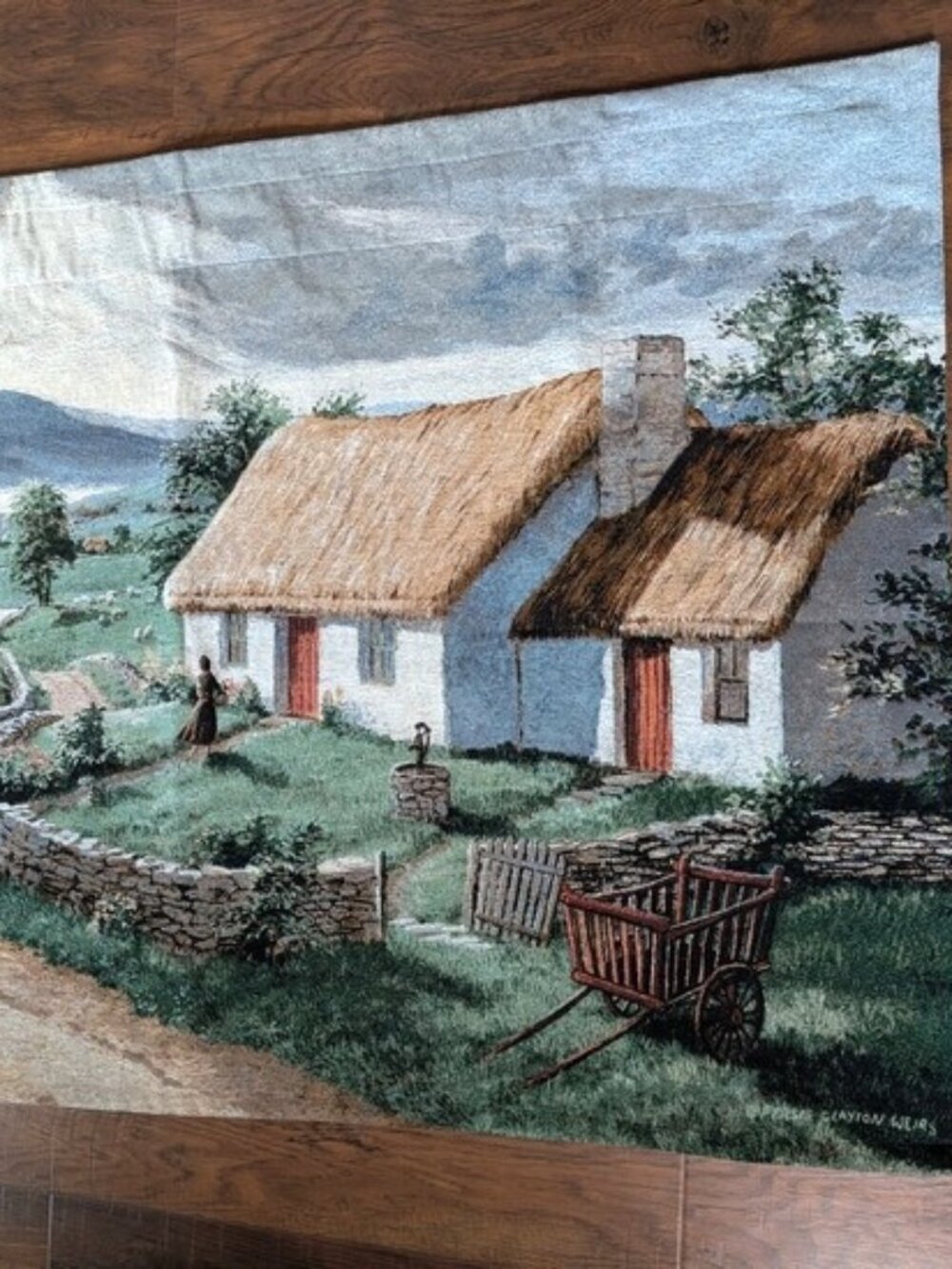 Cotton Rural Cottage Tapestry Wall Hanging Thatched Cottages and Cart 54"x38" - Picture 3 of 7